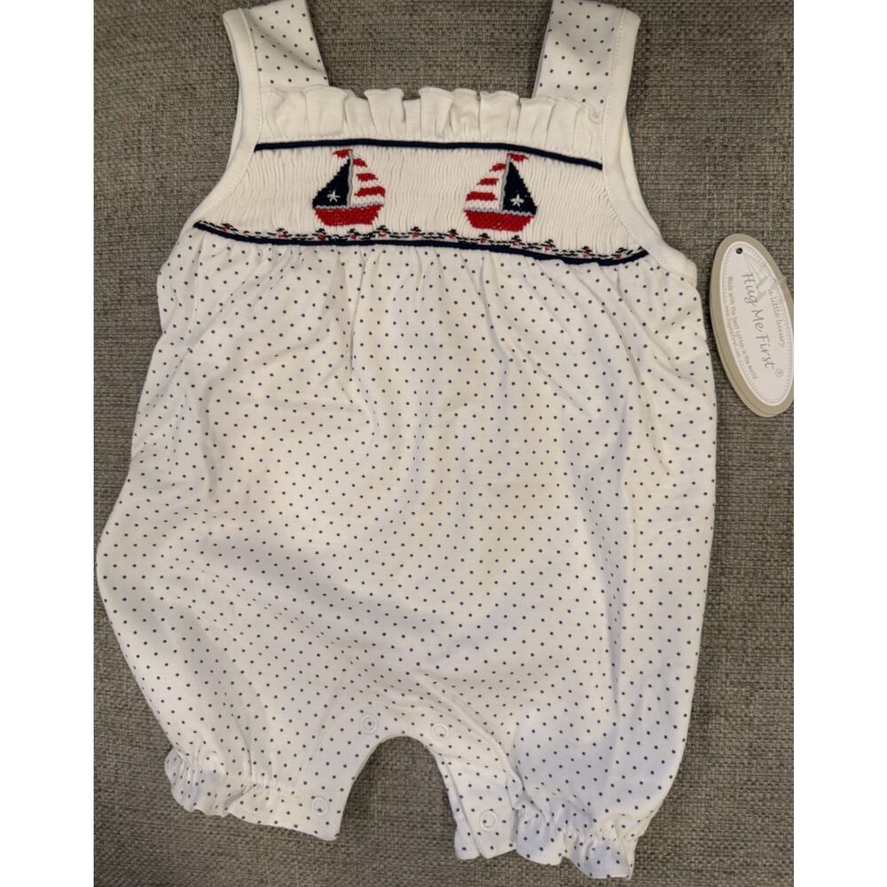 Hug Me First Smocked Baby Girl Red White Blue Sailboat Romper 0-3 Months NWT